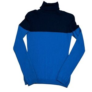 Garnet Hill 100% Cashmere Colorblock Turtleneck Sweater Blue Navy Size XS